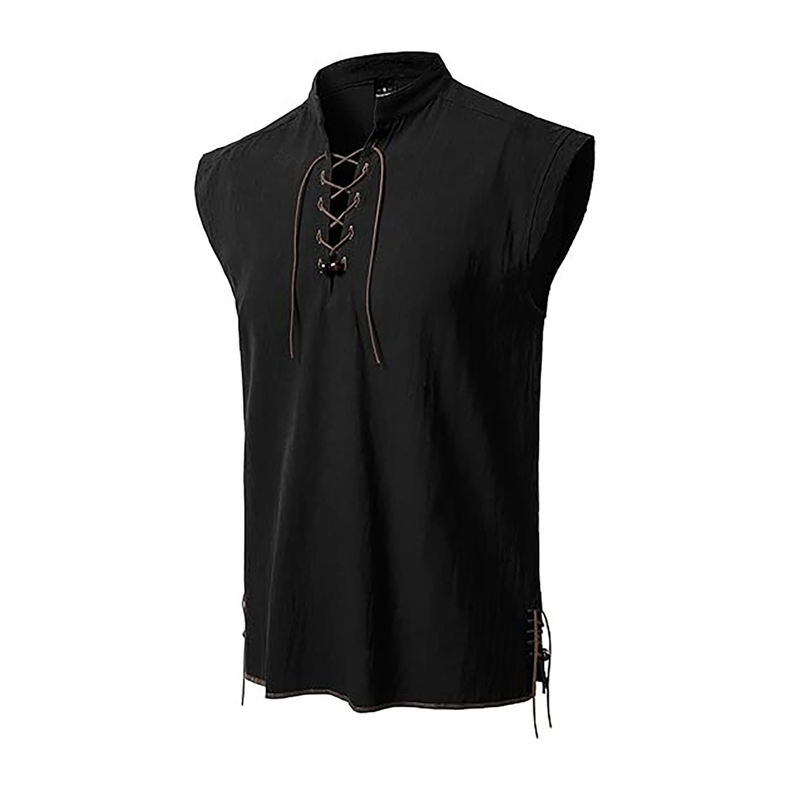 thumbnail image 2 of 2025 Camisa hippie de playa sin mangas para hombre - Mezcla de lino, cuello alto, ligera - Boho veraniego, S-XXL, 2 of 5